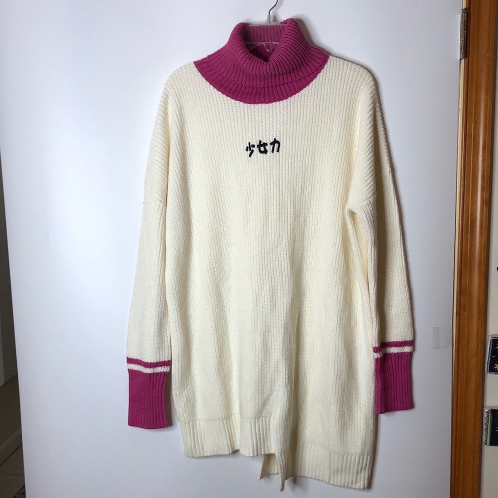 LEDin Womens Cream Pink Turtleneck Knit Girl Power Sweater Dress M MEDIUM